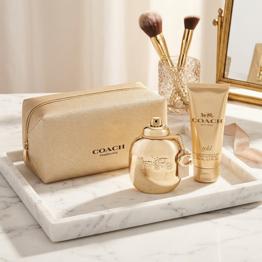 Coach Gold Fragrance Set on marble vanity tray