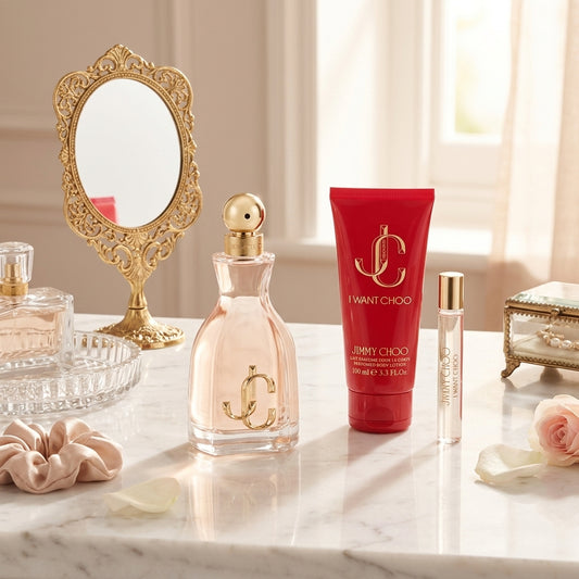 Jimmy Choo I Want Choo gift set on marble vanity lifestyle setting