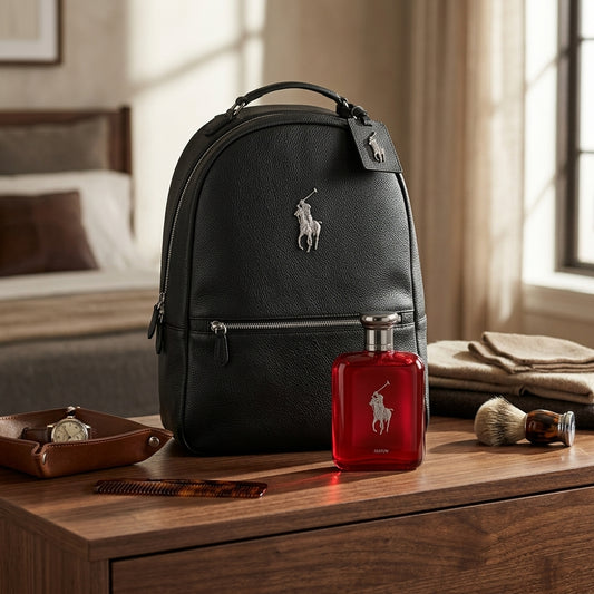 Ralph Lauren Polo Red gift set on dark walnut dresser lifestyle setup