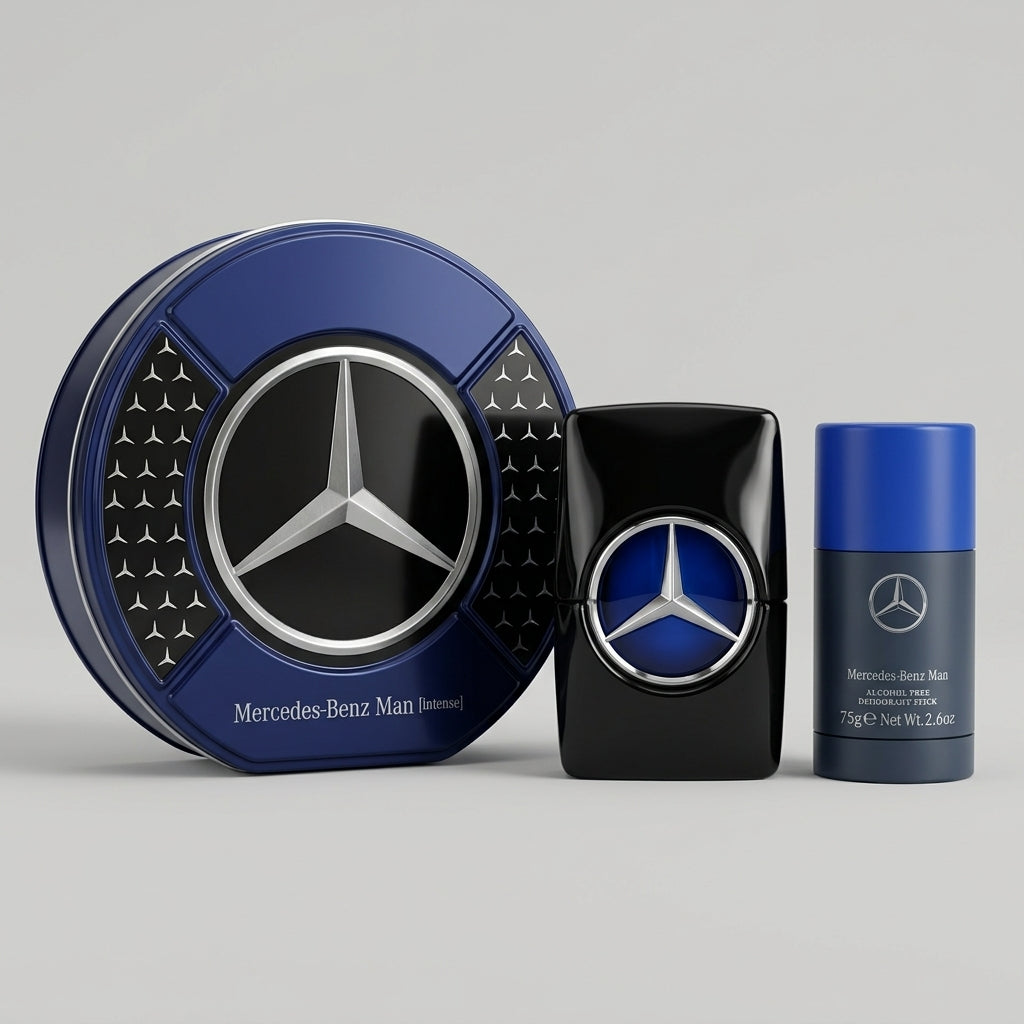 Product breakdown display of Mercedes-Benz Man Intense tin, spray, and deodorant stick