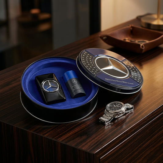 Mercedes-Benz Man Intense gift set styled on wooden dresser next to luxury watch