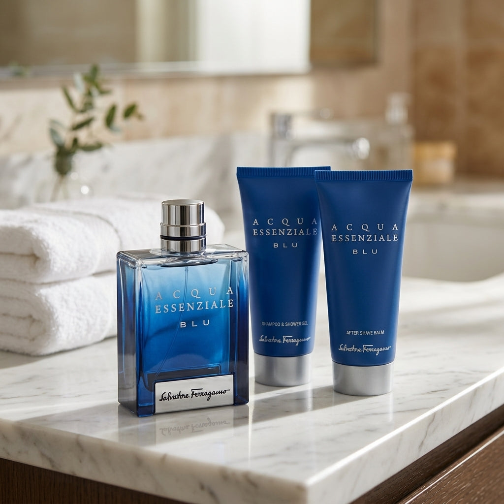 Salvatore Ferragamo gift set arranged on luxury marble vanity