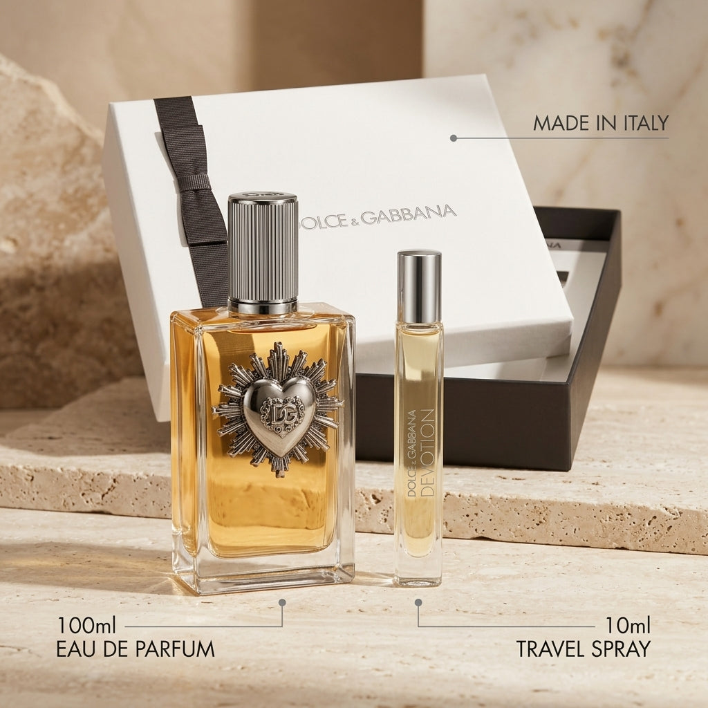 Feature graphic highlighting 100ml flacon, 10ml travel spray, and Made in Italy packaging