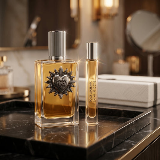 Dolce & Gabbana Devotion Pour Homme bottles styled on dark marble vanity tray