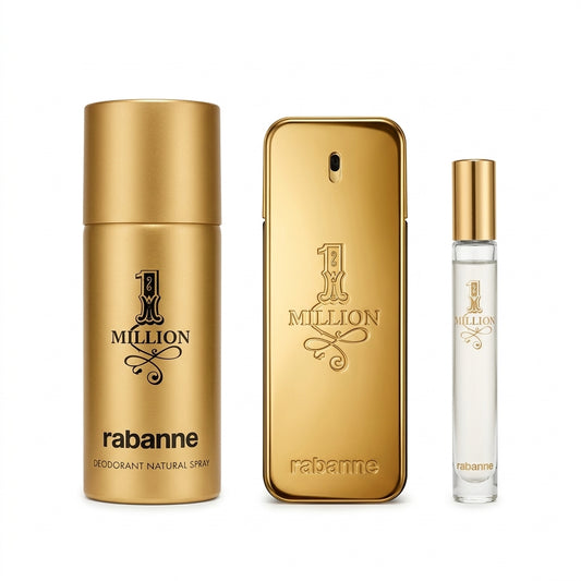 Rabanne 1 Million Eau de Toilette 100ml, Deodorant 150ml, and Travel Spray 10ml standing flat lay