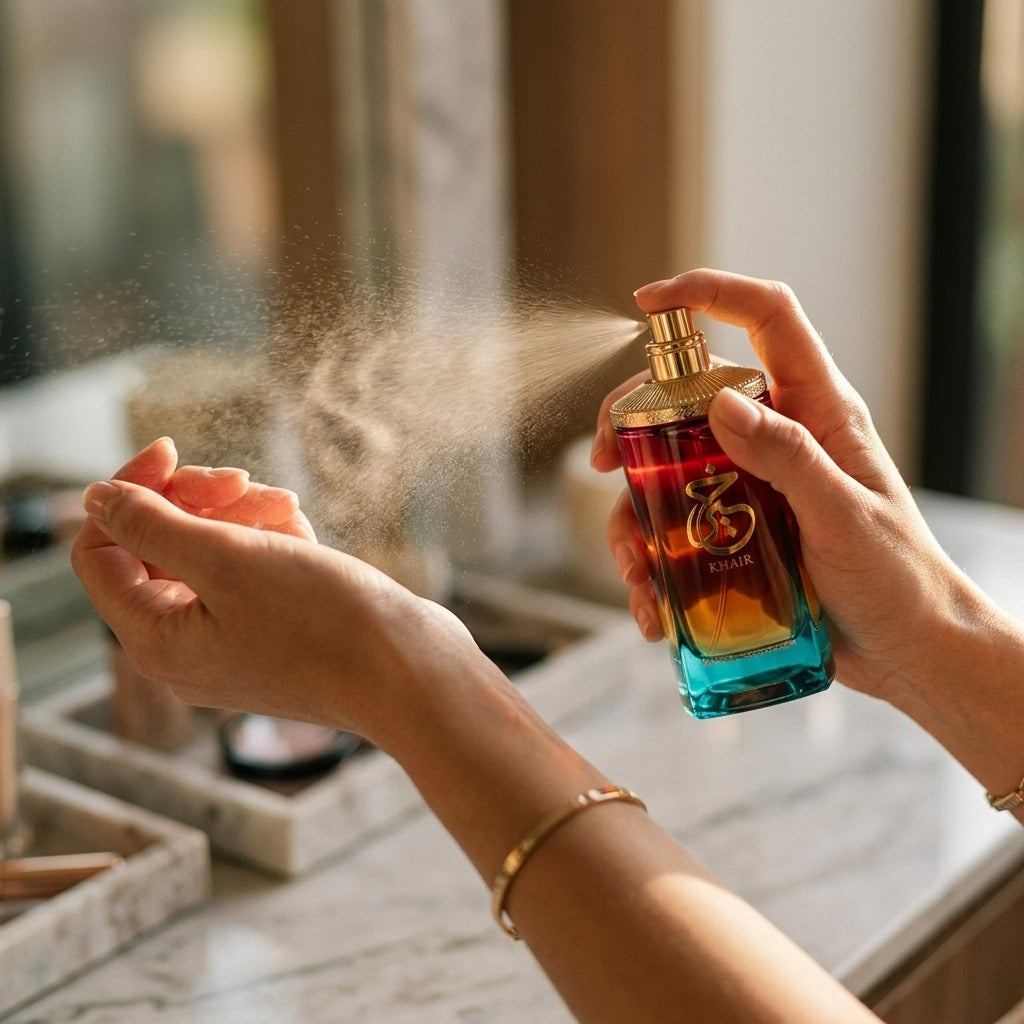 Model spraying Paris Corner Khair Confection fragrance onto wrist