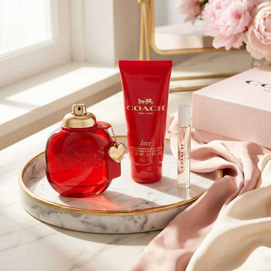 Coach Love Eau de Parfum and body lotion styled on marble vanity tray
