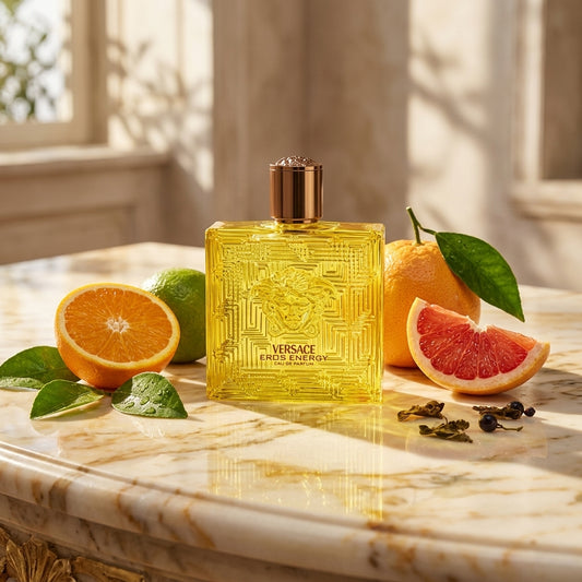 Versace Eros Energy bottle on sunlit marble vanity with citrus accents