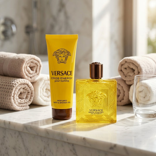 Versace Eros Energy Eau de Parfum and shower gel on marble bathroom vanity