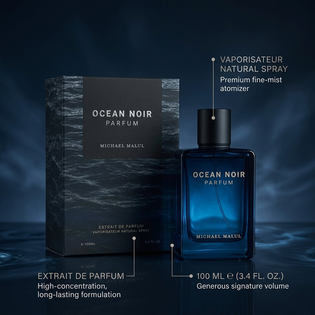 Infographic callout of Michael Malul Ocean Noir Parfum 100ml volume and spray mechanism