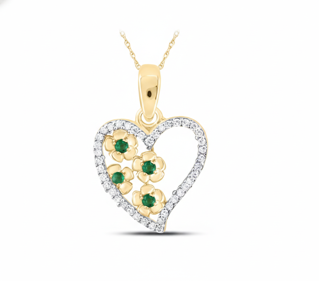 10K Yellow Gold Emerald & Natural Diamond Heart Pendant – 1/8 CTW