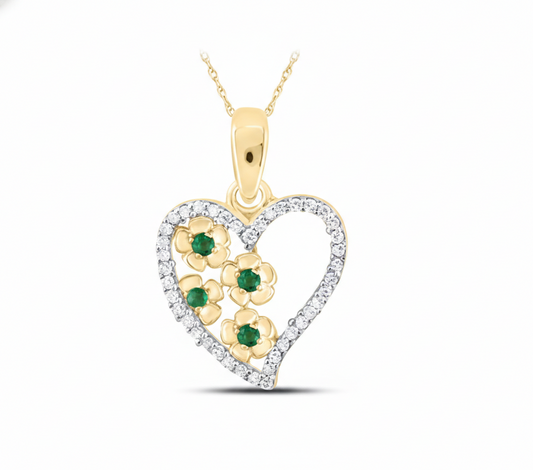 10K Yellow Gold Emerald & Natural Diamond Heart Pendant – 1/8 CTW