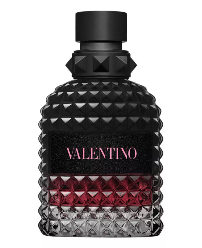 Black and red patterned perfume bottle with 'Valentino' branding on a white background