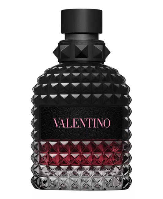 Black and red patterned perfume bottle with 'Valentino' branding on a white background
