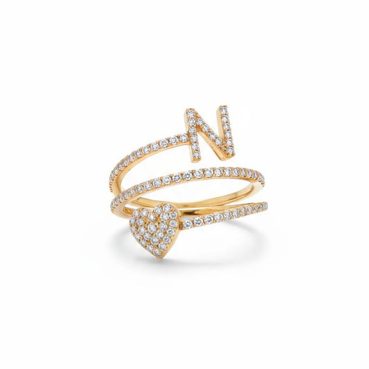 Gold ring with letter 'N' and diamond accents on a white background