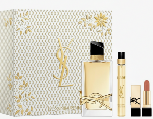 YSL perfume set with packaging on a white background