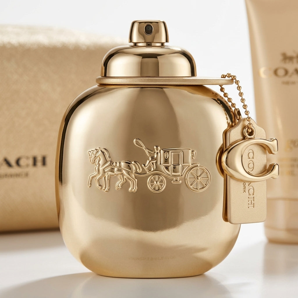 Close-up detail of Coach Gold perfume bottle and embossed emblem
