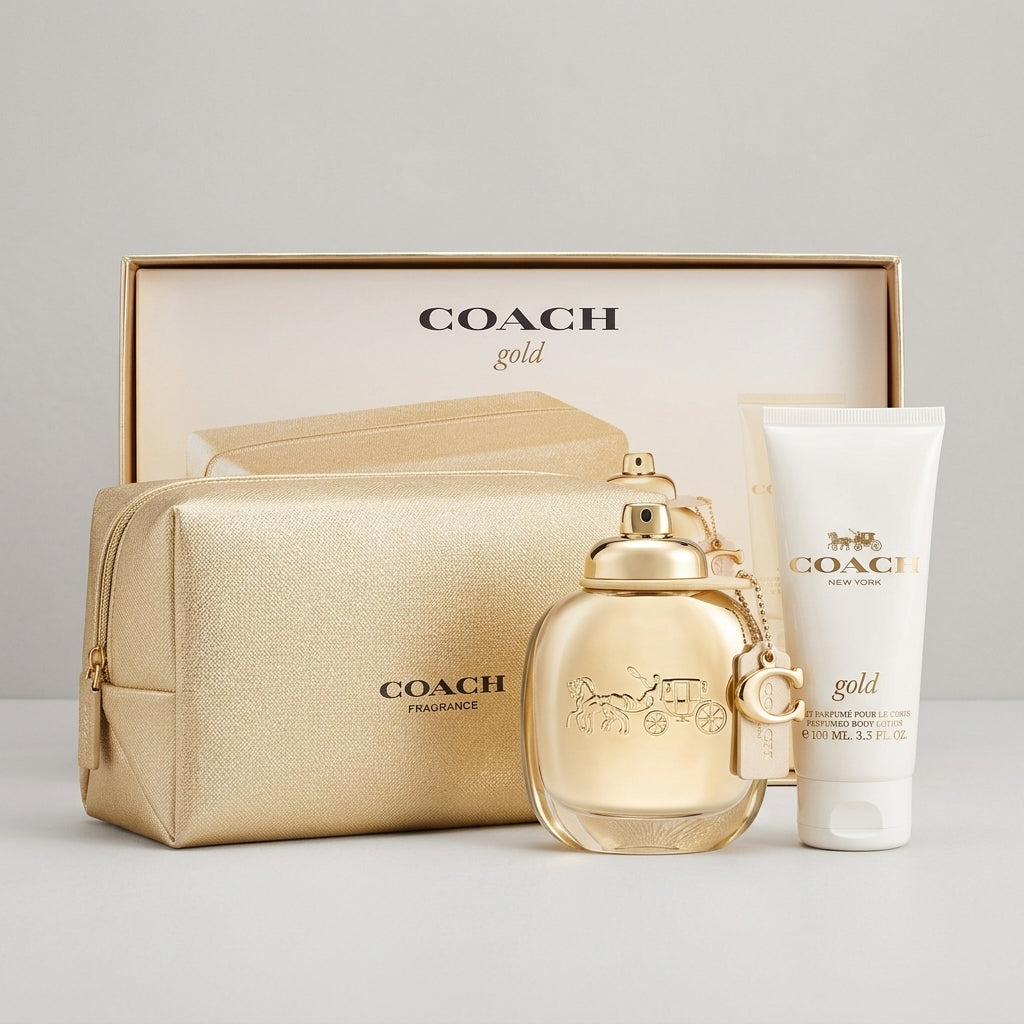 Coach Gold 3-Piece Gift Set layout with pouch and lotion