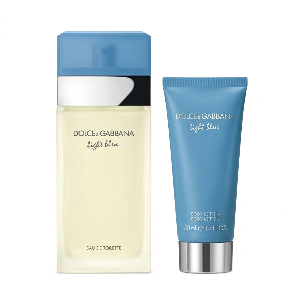Dolce & Gabbana Light Blue perfume and body lotion lifestyle vanity display