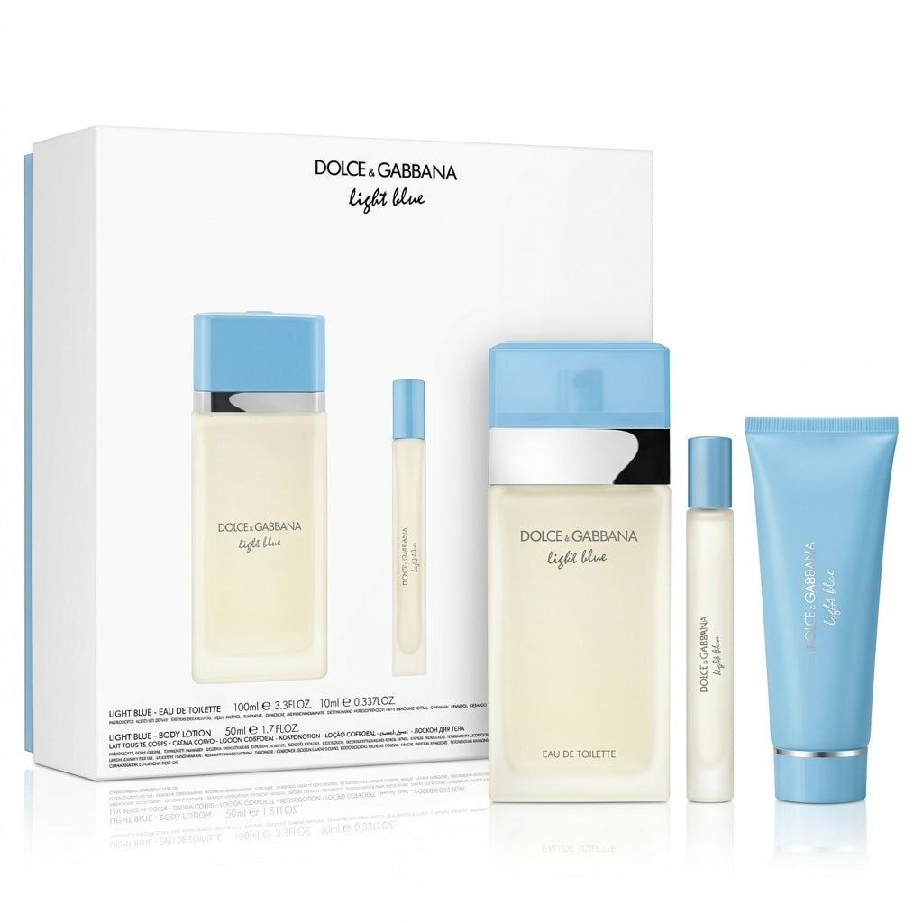 Dolce & Gabbana Light Blue 3-Piece Gift Set unboxed on pure white background