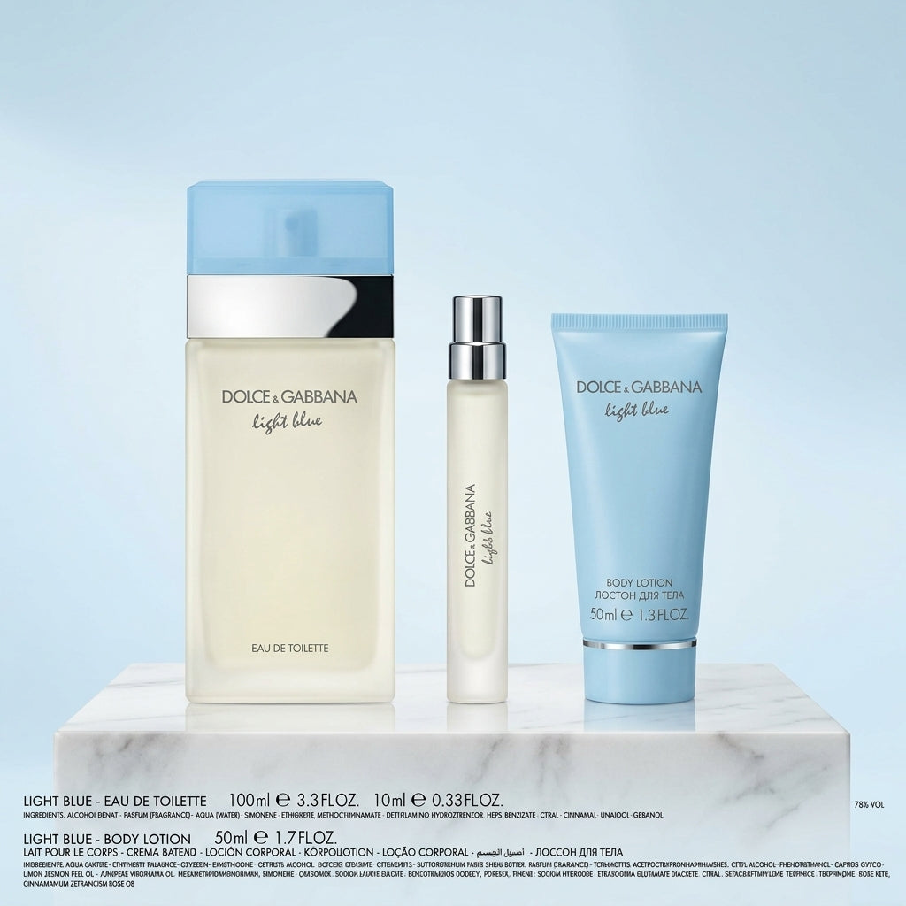 Dolce & Gabbana Light Blue 3-piece set lineup on minimalist studio podium