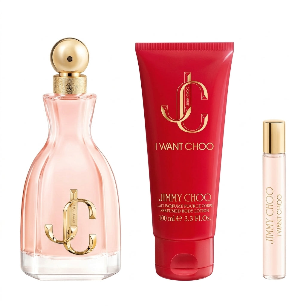 Jimmy Choo I Want Choo 3-piece fragrance set hero studio shot on white background