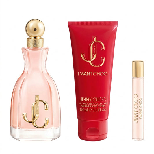 Jimmy Choo I Want Choo 3-piece fragrance set hero studio shot on white background