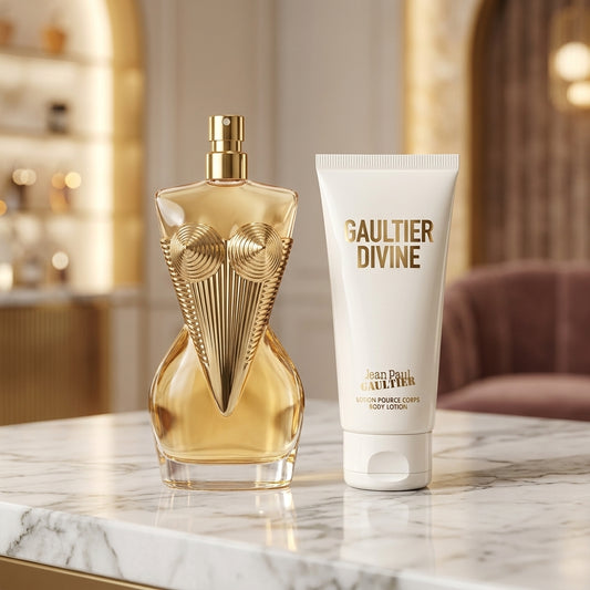 Jean Paul Gaultier Divine fragrance set on a luxury marble vanity