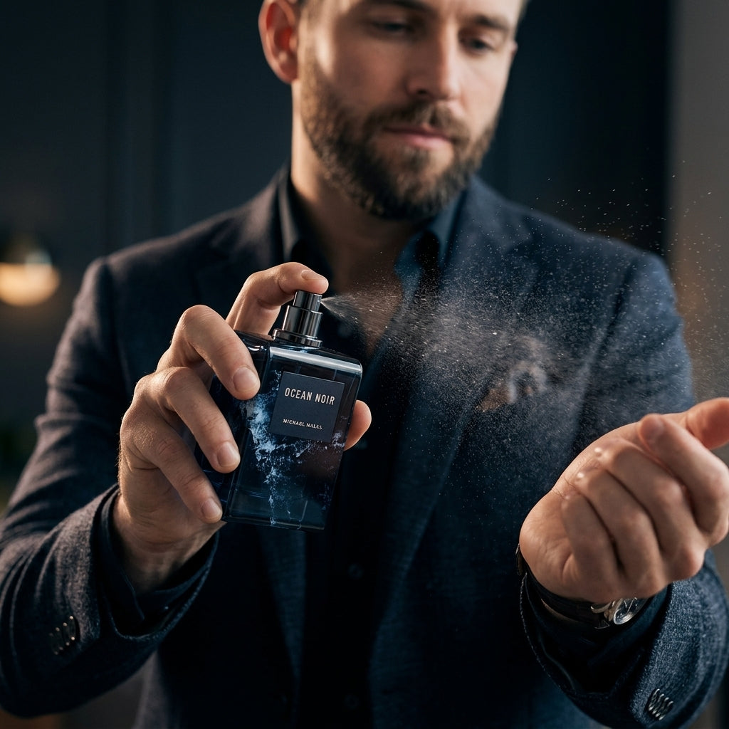 Applying Michael Malul Ocean Noir Eau de Parfum spray to wrist