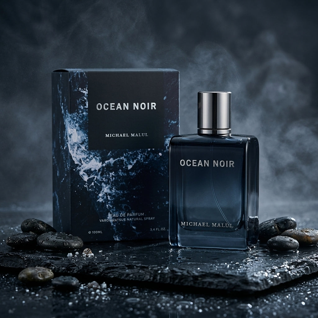 Michael Malul Ocean Noir bottle on a dark slate vanity with aquatic decor