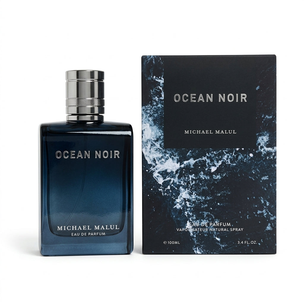 Michael Malul Ocean Noir Eau de Parfum 100ml bottle and packaging box on white background