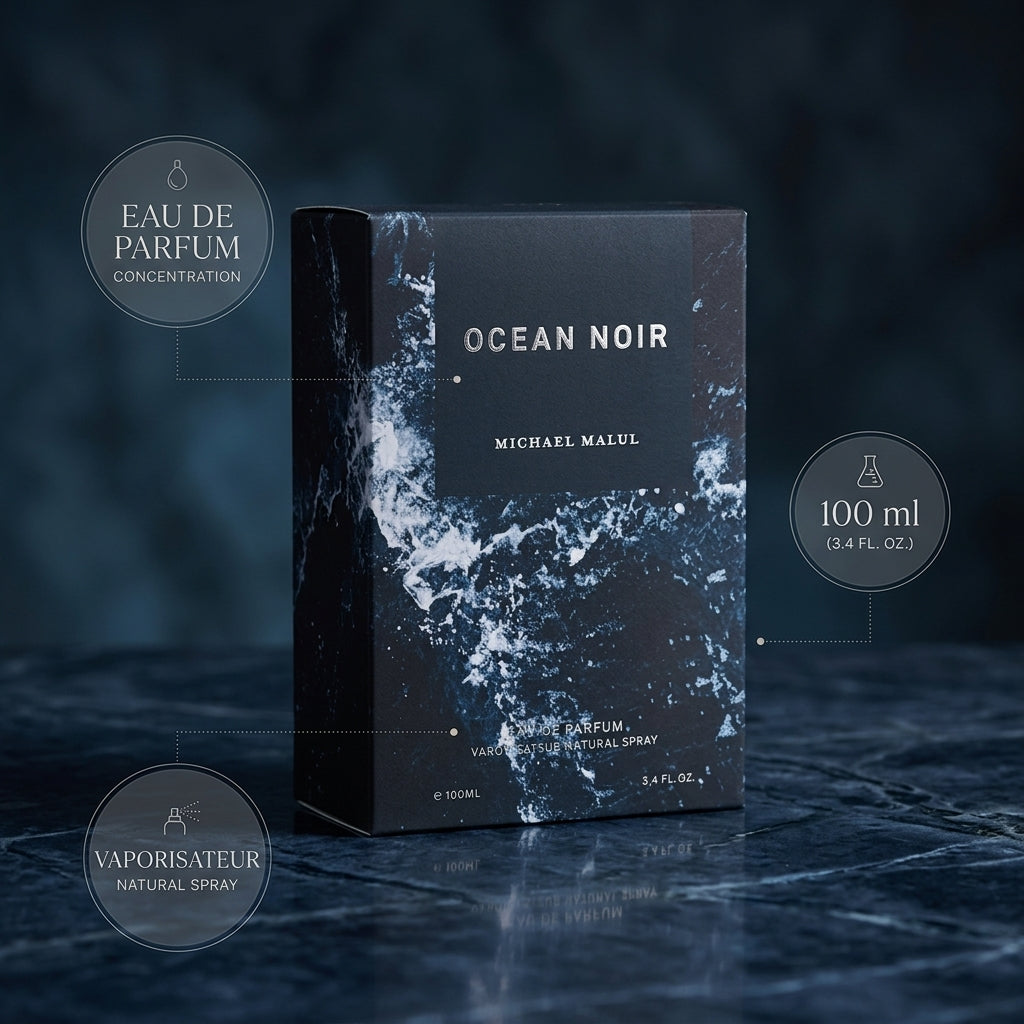 Michael Malul Ocean Noir 100ml natural spray product callout graphic