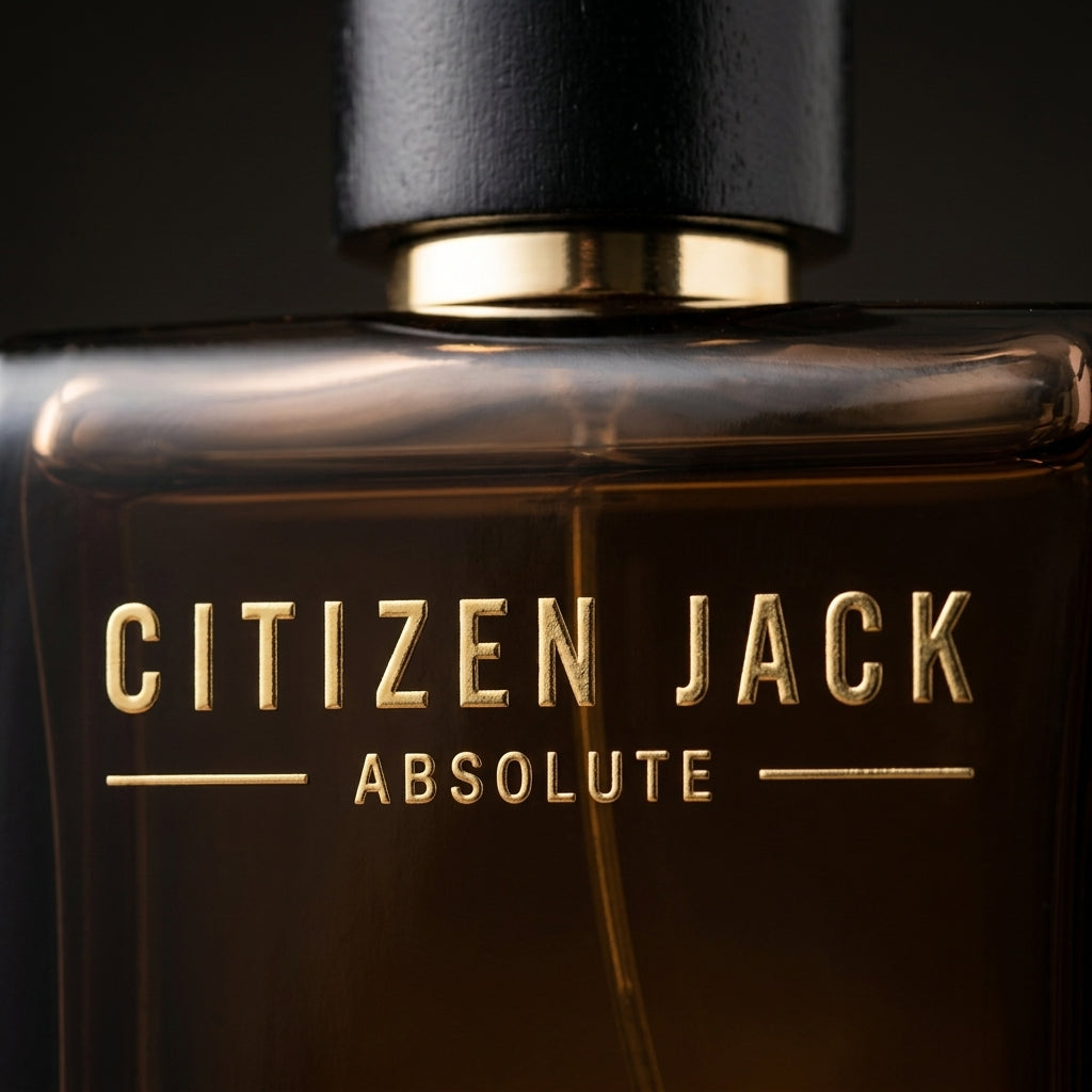 Close-up of Citizen Jack Absolute gold lettering and flacon collar