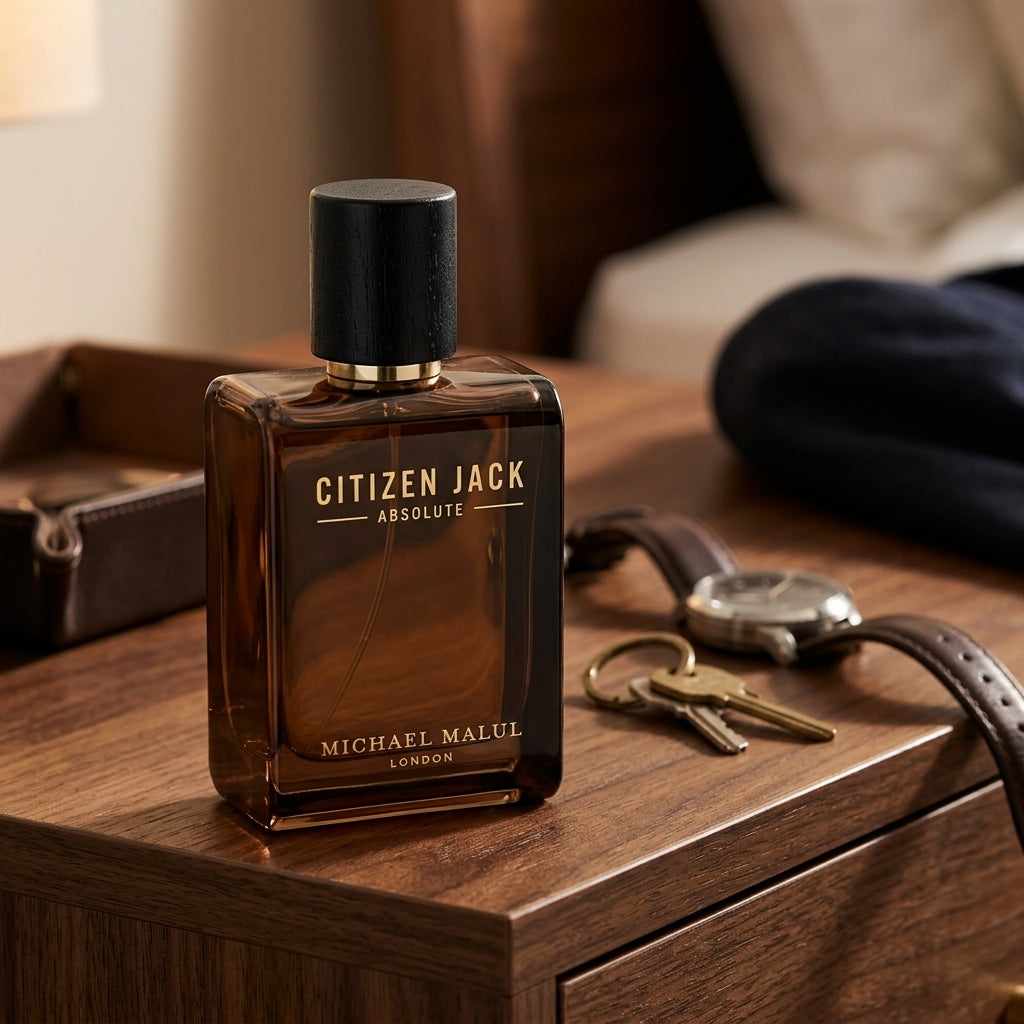 Citizen Jack Absolute perfume styled on walnut dresser