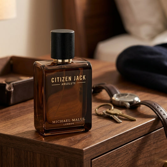 Citizen Jack Absolute perfume styled on walnut dresser