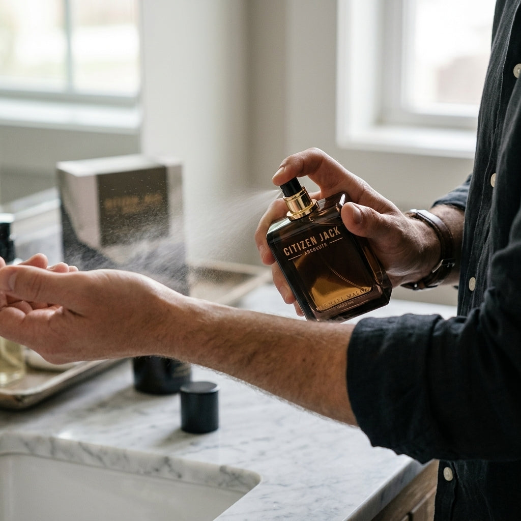 Man spraying Citizen Jack Absolute fragrance onto wrist