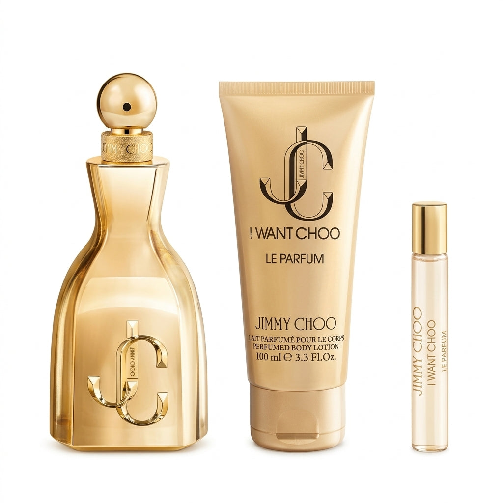 Jimmy Choo I Want Choo Le Parfum 3-Piece Gift Set on pure white background