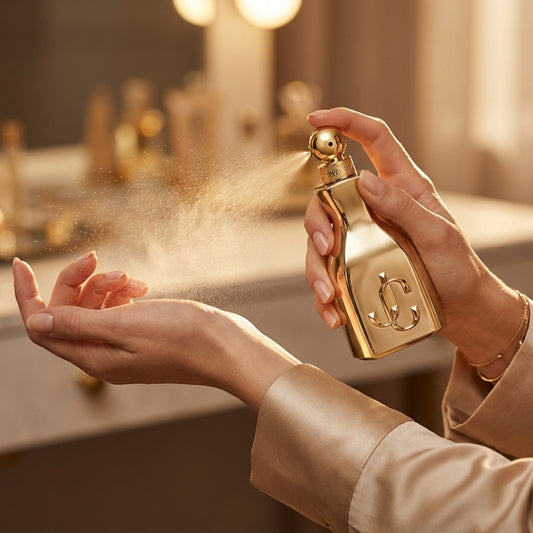 Applying Jimmy Choo I Want Choo Le Parfum spray to wrist