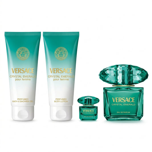 Versace Crystal Emerald Pour Femme 4-Piece Gift Set on pure white background