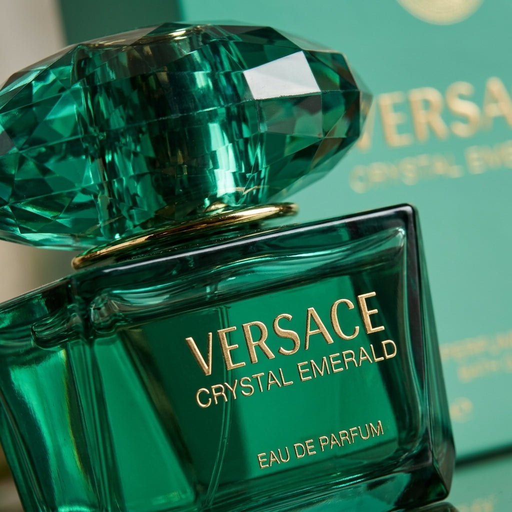 Macro close-up of Versace Crystal Emerald faceted jewel cap and gold lettering