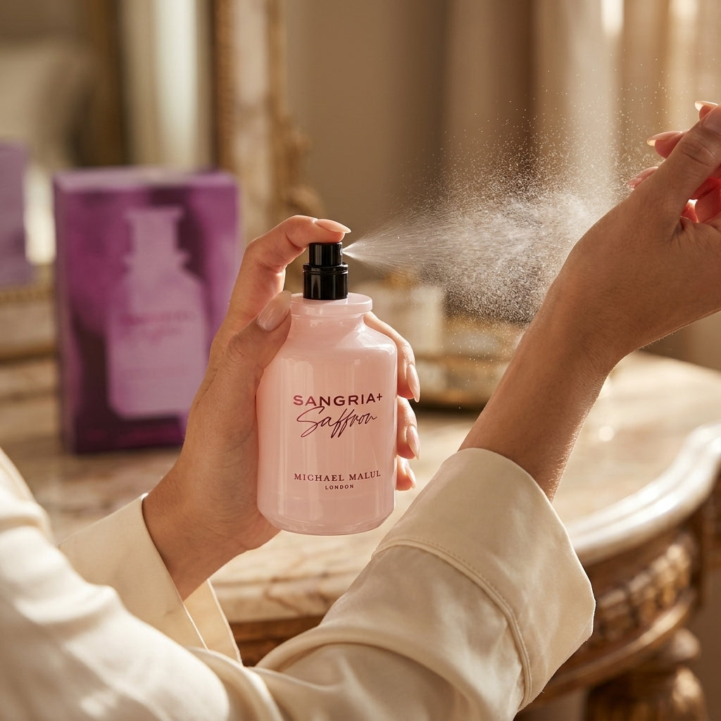 Spraying Michael Malul Sangria + Saffron fragrance mist on wrist