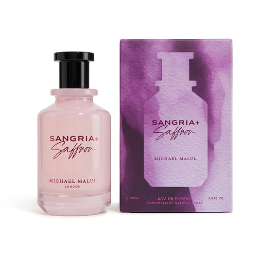 Michael Malul Sangria + Saffron 100ml EDP bottle and box on pure white background