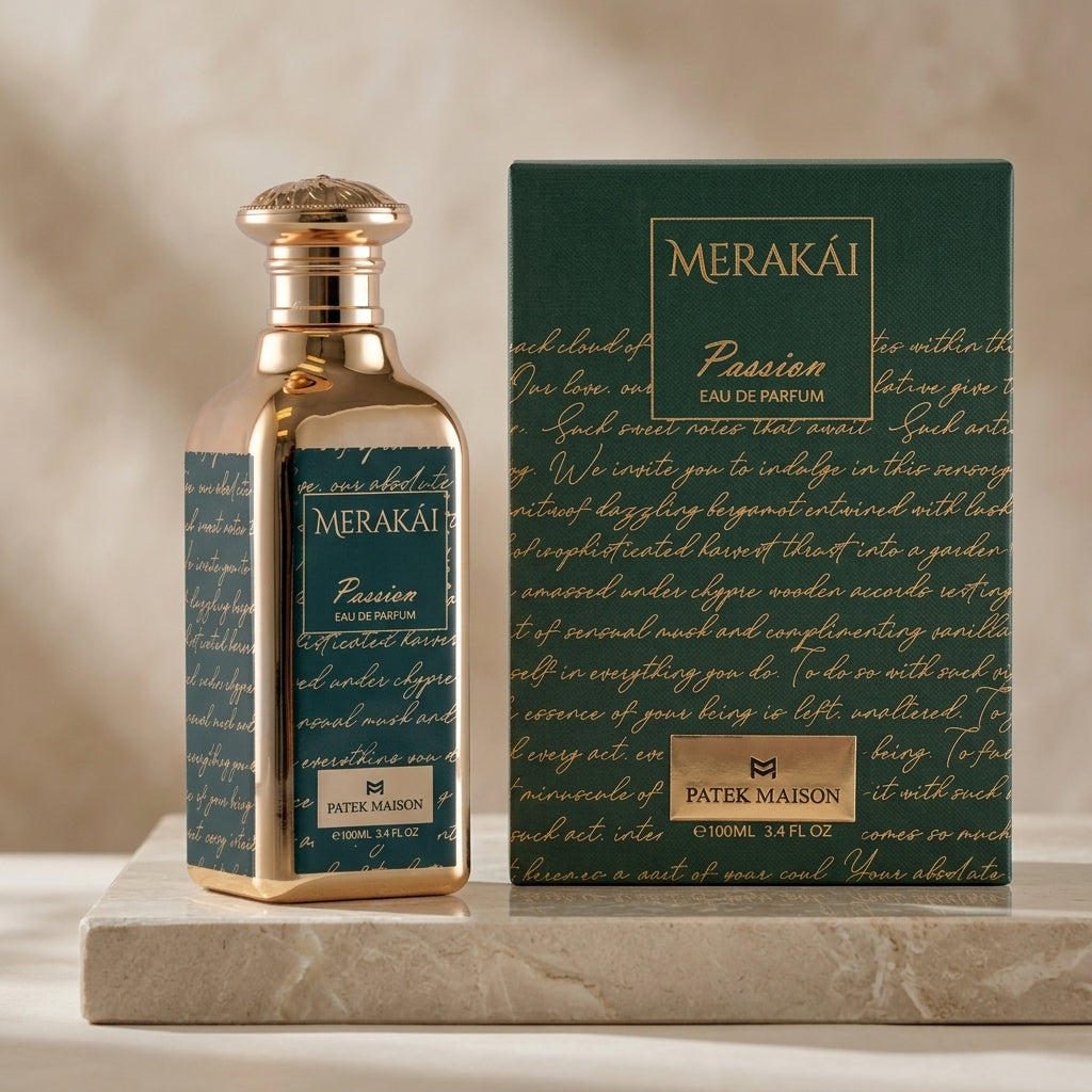 Patek Maison Merakái Passion 100ml bottle alongside coordinating retail box