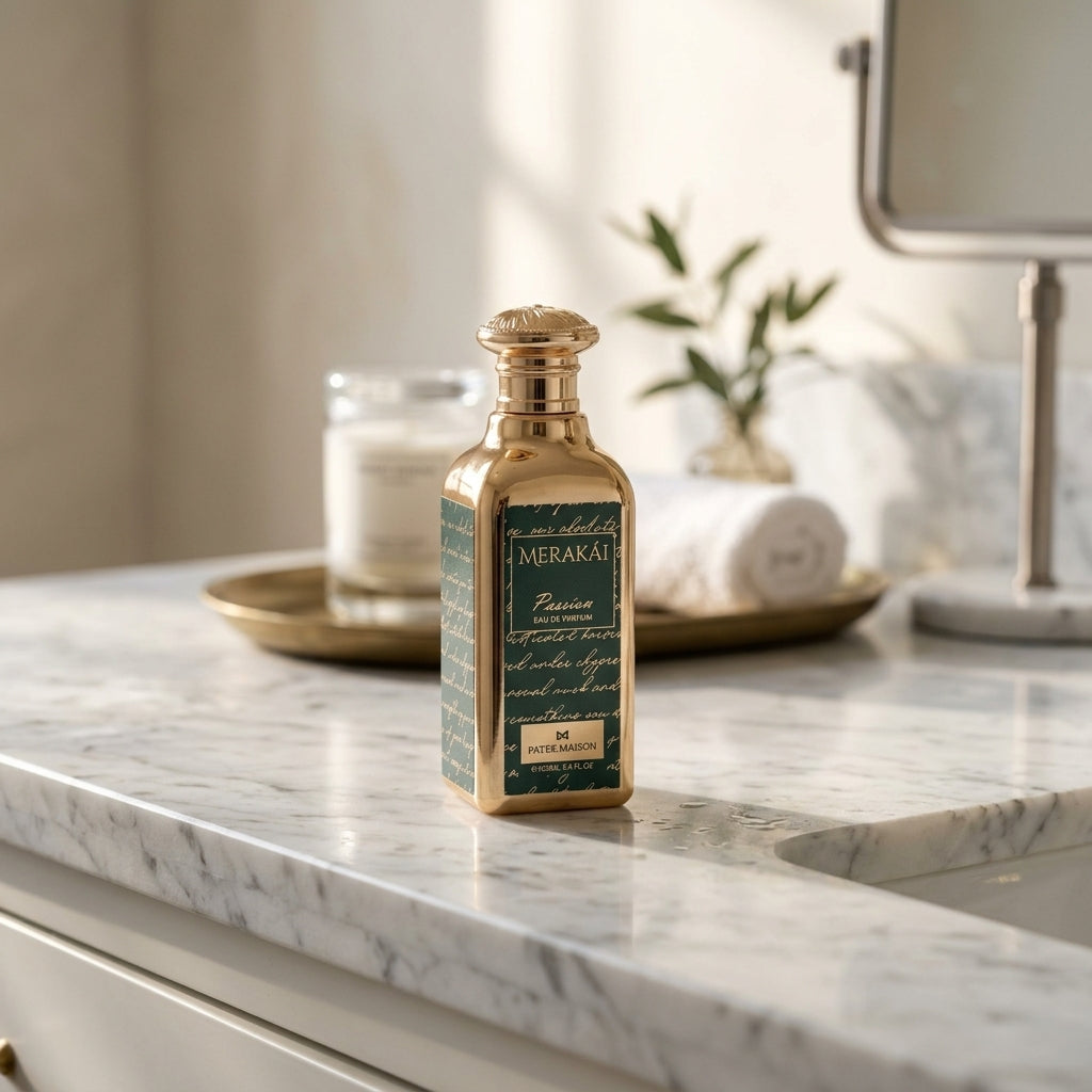 Patek Maison Merakái Passion bottle on luxury marble vanity
