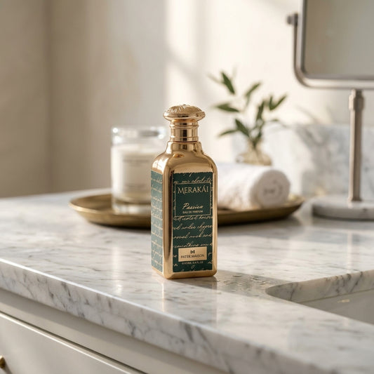 Patek Maison Merakái Passion bottle on luxury marble vanity