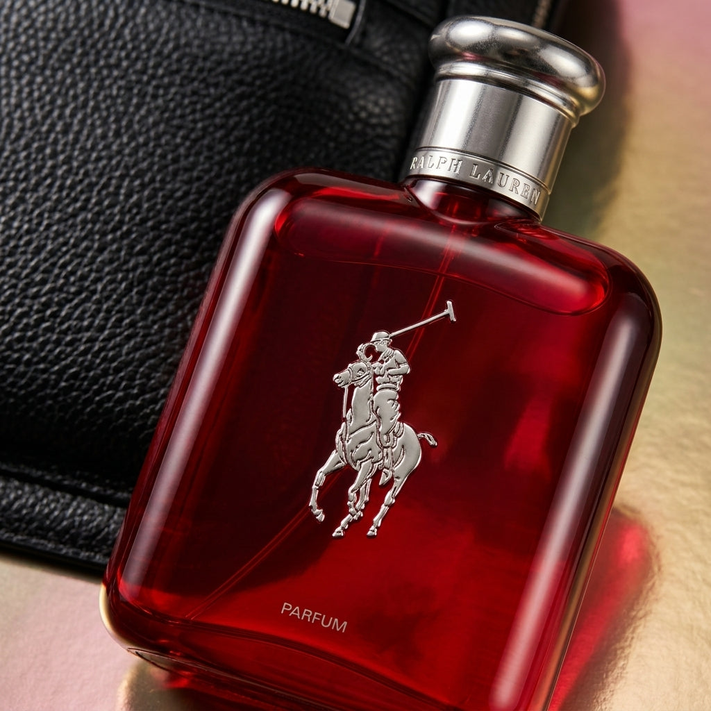 Macro close-up detail of ruby red Ralph Lauren Polo Red Parfum flacon and silver logo