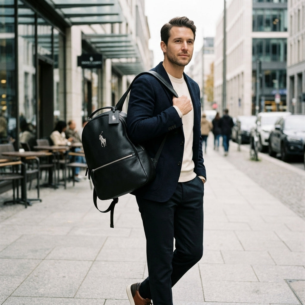 Stylish man wearing black Ralph Lauren Polo backpack in urban setting