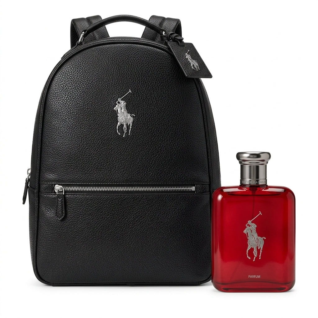 Ralph Lauren Polo Red Parfum 4.2 fl oz spray and black backpack on pure white background