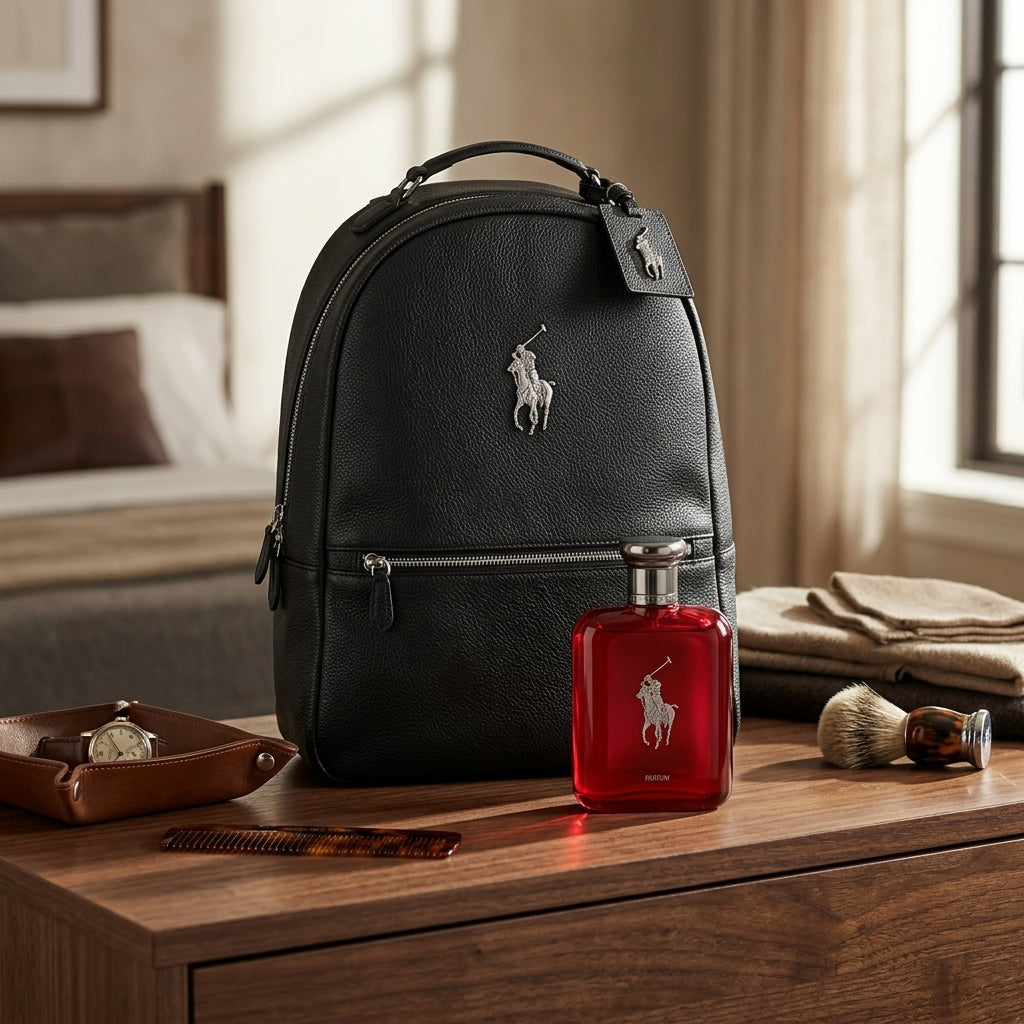 Ralph Lauren Polo Red gift set on dark walnut dresser lifestyle setup