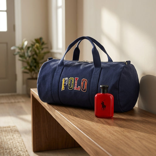 Ralph Lauren Polo Red duffle bag and fragrance on wooden entryway bench
